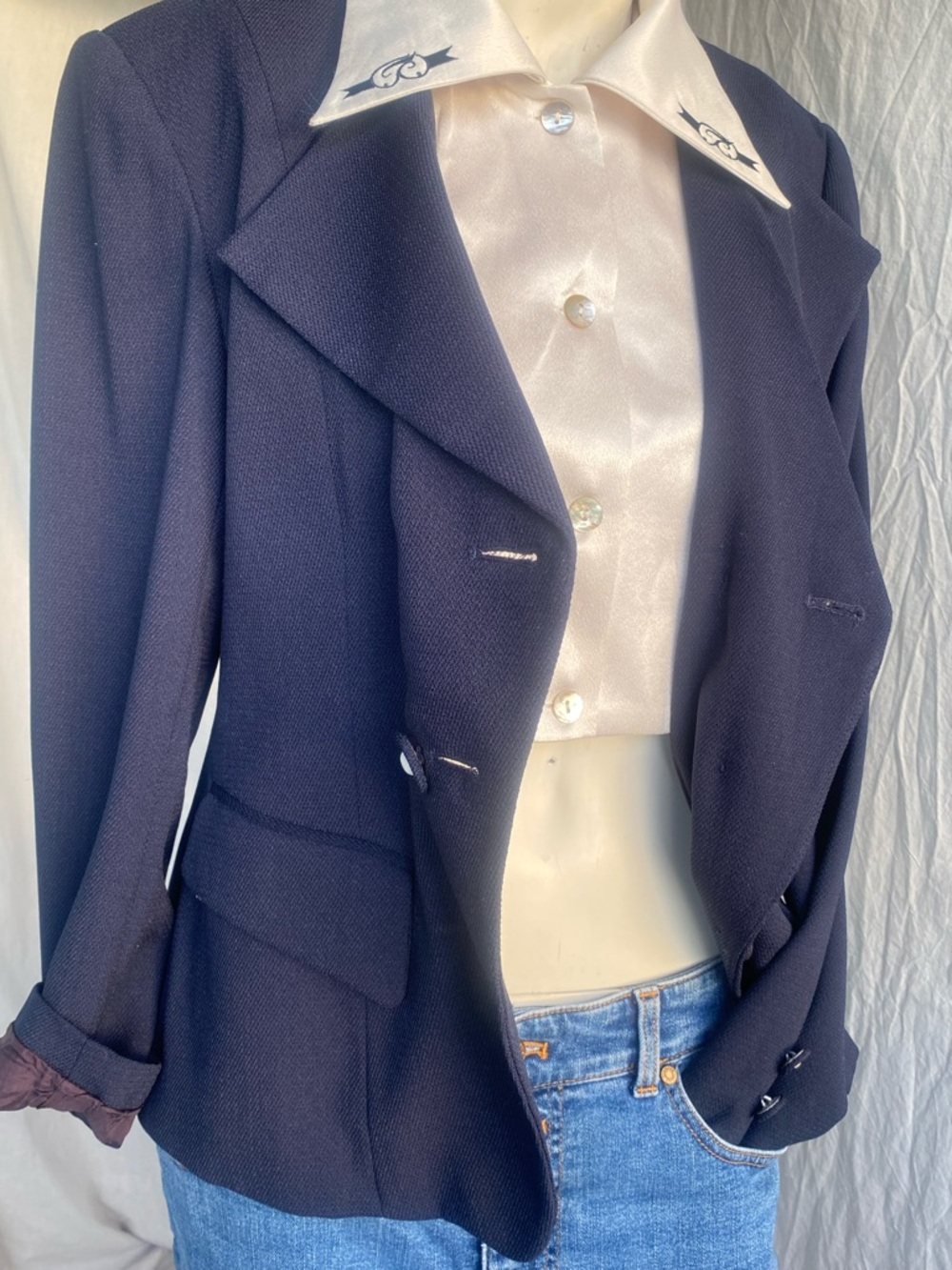Vintage 80s Navy Double Breasted Blazer Faux Layered Collar Preppy Chic